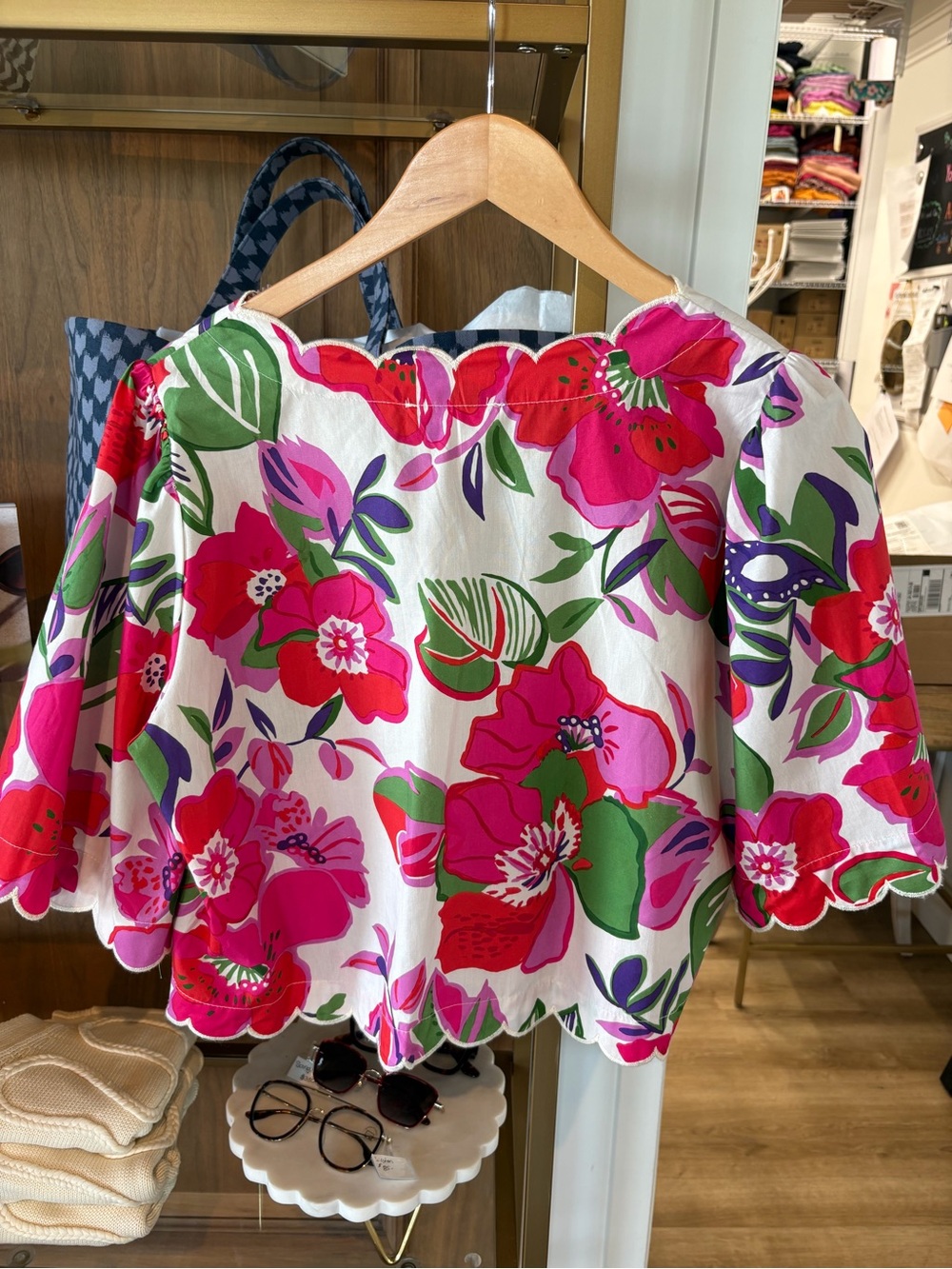 THML White Floral Tie-Front Crop Blouse in Pink & Green - Picture 3 of 3